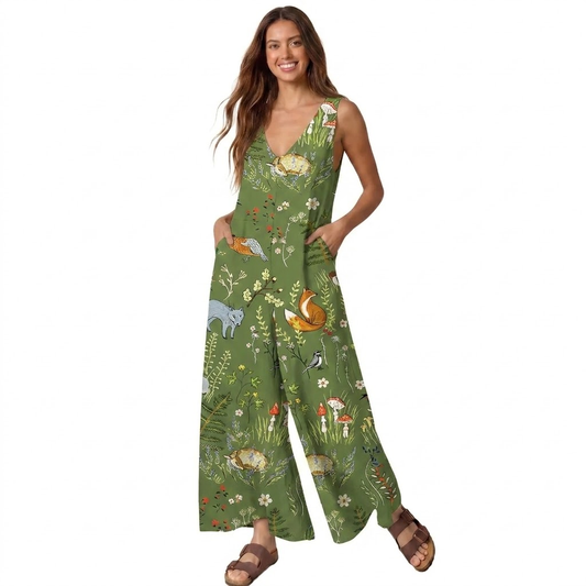 Whimsical Woodland Animals Print Boho Jumpsuit with Pockets for Women