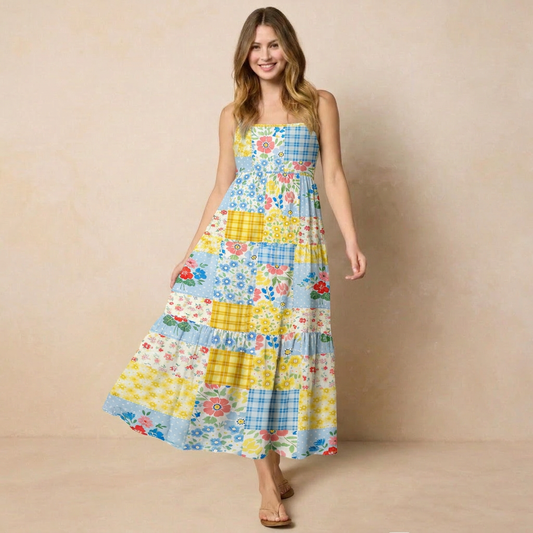 Blue Flower Print Patchwork Wide Straps Maxi Dress With Pockets