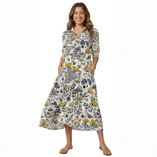 Bee Whisper Forest Print Midi Dress For Women With Pockets