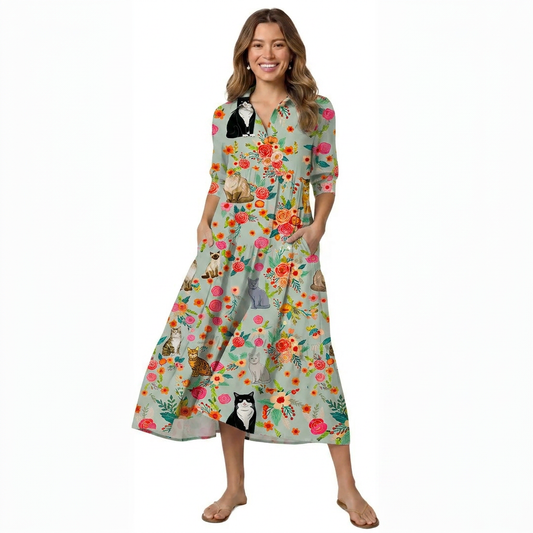 Flower Cat Midi Dress For Women With Pockets
