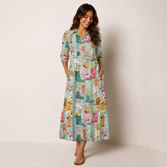Boots Flower Print Midi Dress For Women With Pockets