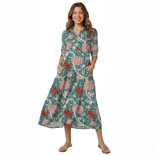 Vintage Peony Lotus Floral Print Midi Dress For Women With Pockets