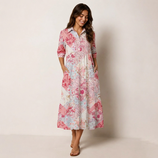 V Neck Collared Shabby Chic Floral Patchwork Print Casual Midi Dress With Pockets