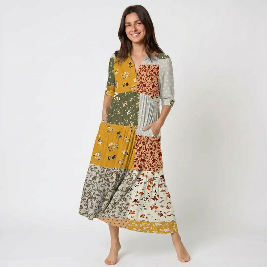V Neck Collared Rustic Floral Patchwork Print Casual Midi Dress With Pockets
