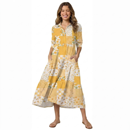 V Neck Collared Lemon Sunshine Patchwork Casual Midi Dress With Pockets