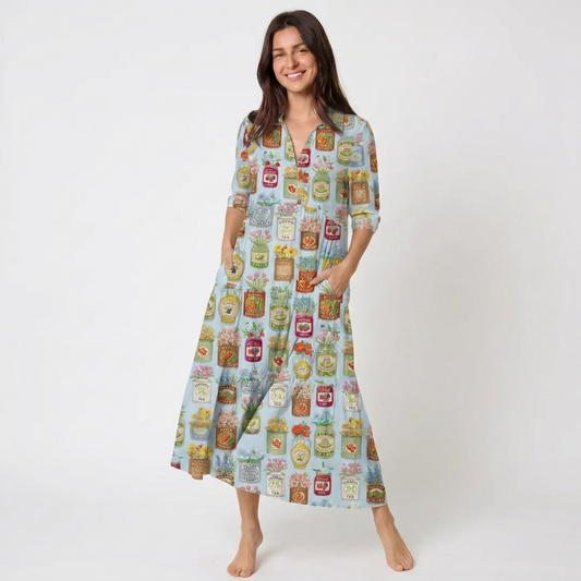 V Neck Collared Vintage Pantry Label Print Casual Midi Dress With Pockets