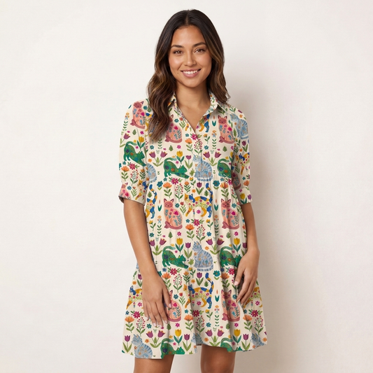 V Neck Collared Cute Flower Cat Mini Dress For Women With Pockets