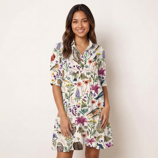 V Neck Collared Whimsical Woodland Birds Wildflowers Print Mini Dress For Women With Pockets