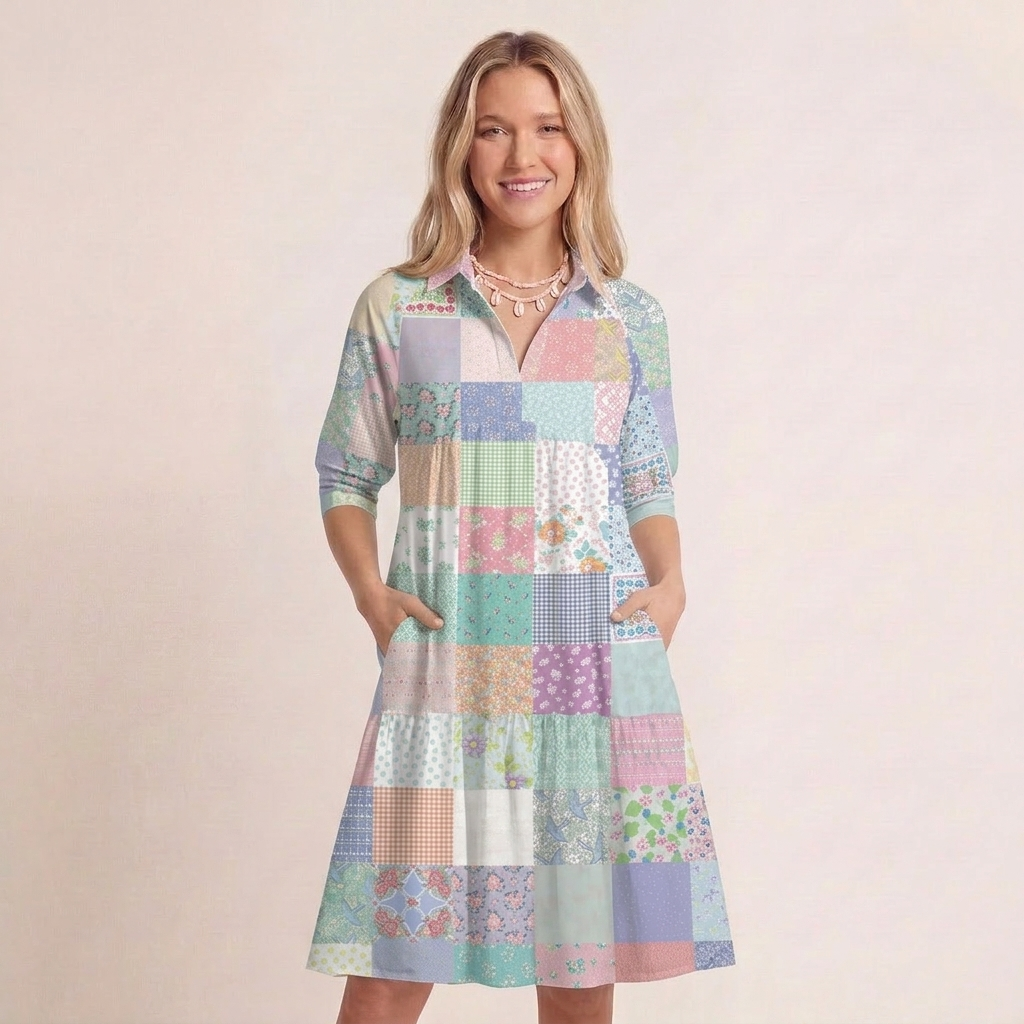 V Neck Collared Vintage Quilt Patchwork Mini Dress For Women With Pockets