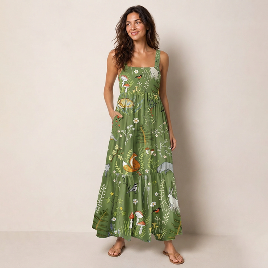 Whimsical Woodland Animals Print Wide Straps Maxi Dress With Pockets