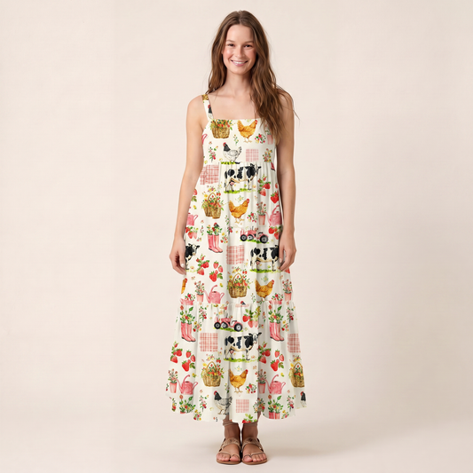 Watercolor Pink Farm Chicken Cow Print Wide Straps Maxi Dress With Pockets