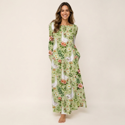 Pastoral Goose Garden Print Soft-Touch Stretch Knit Long Sleeve Maxi Dress with Pockets