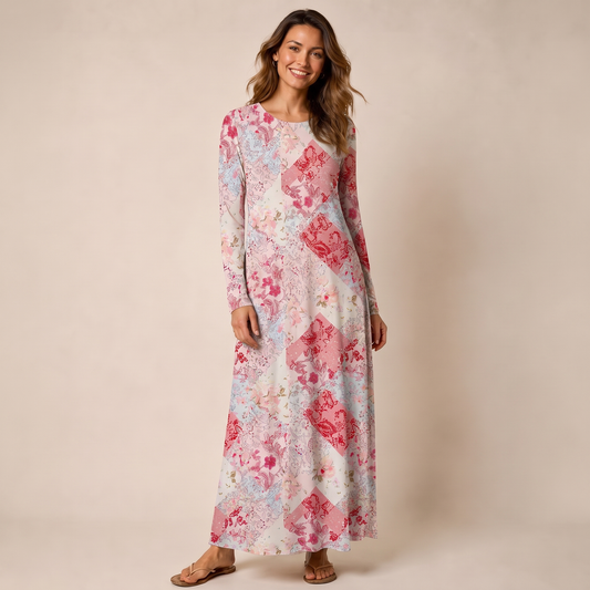 Shabby Chic Floral Patchwork Print Soft-Touch Stretch Knit Long Sleeve Maxi Dress with Pockets