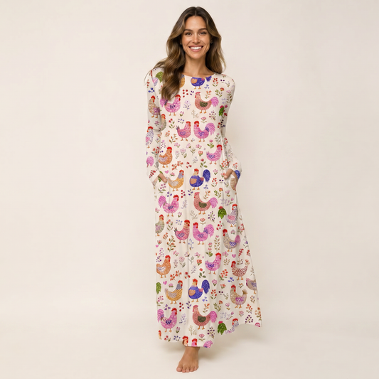 Colorful Farm Chickens Print Soft-Touch Stretch Knit Long Sleeve Maxi Dress with Pockets