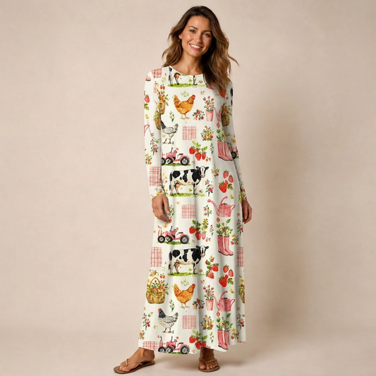 Watercolor Pink Farm Chicken Print Soft-Touch Stretch Knit Long Sleeve Maxi Dress with Pockets