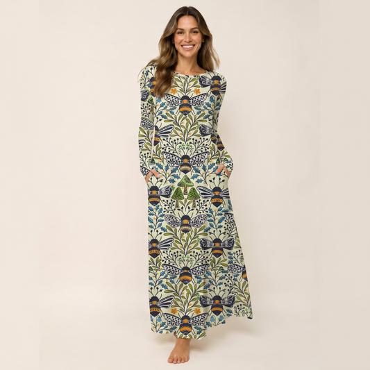 Botanical Bee Garden Print Soft-Touch Stretch Knit Long Sleeve Maxi Dress with Pockets