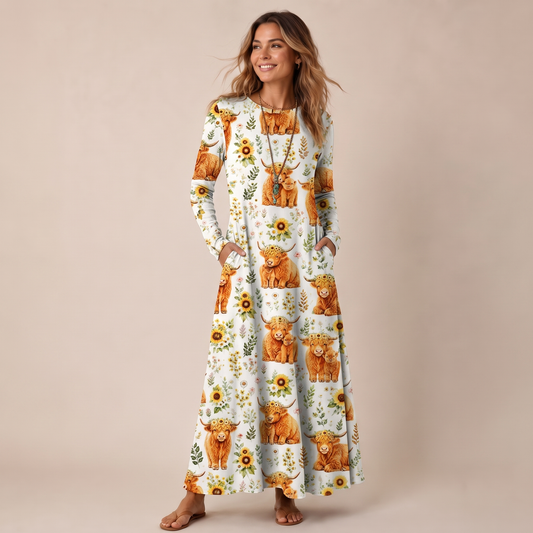 Spring Highland Cow Floral Print Soft-Touch Stretch Knit Long Sleeve Maxi Dress with Pockets