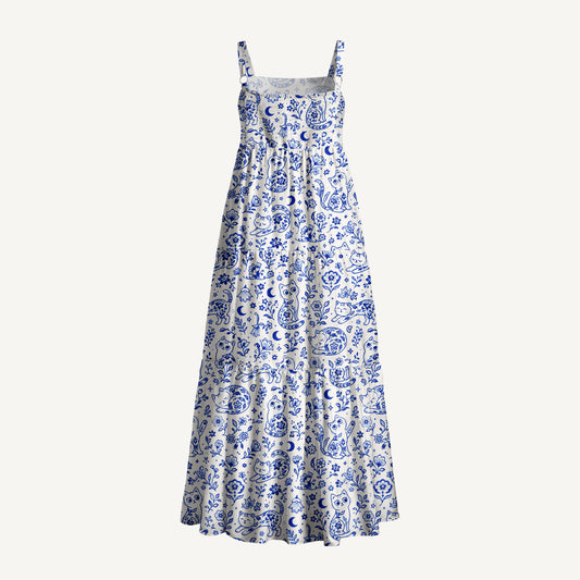 Delft Blue Bloom Cat Dream Print Wide Straps Maxi Dress With Pockets