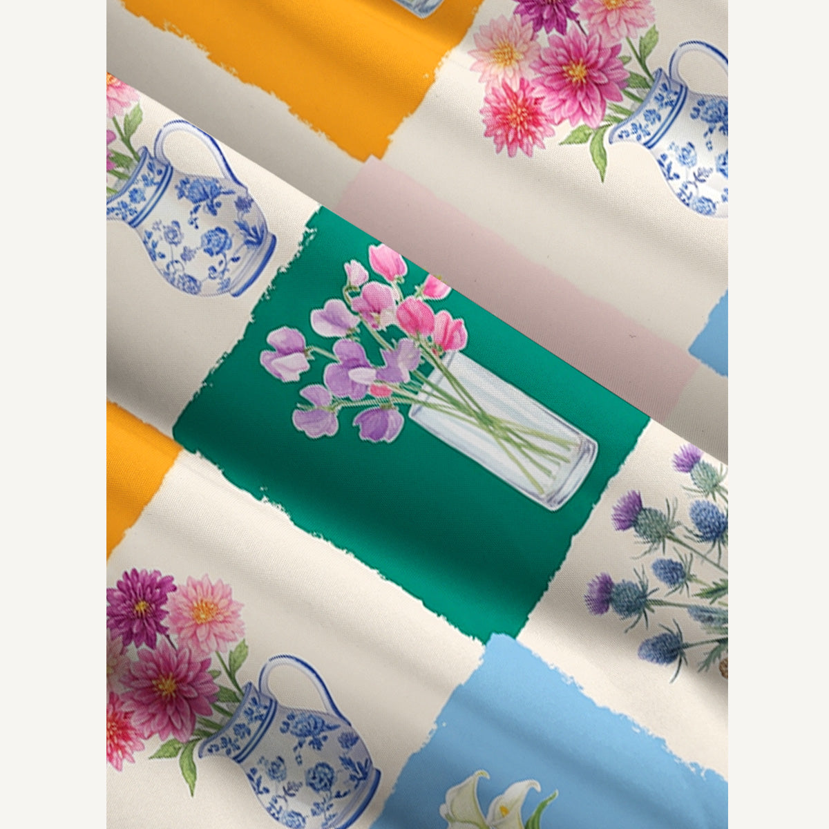 Color Block Flower Gallery Print Quilt Wide Straps Maxi Dress With Pockets