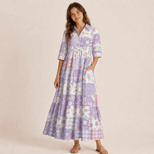V Neck Collared Sweet Cottage Patchwork Print Casual Midi Dress With Pockets
