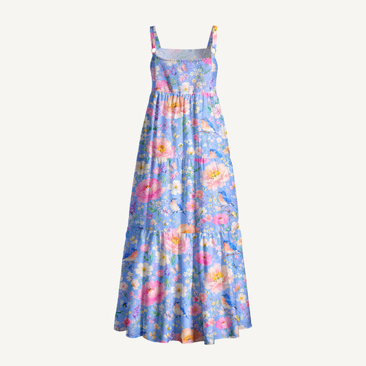 Bluebird Blossom Garden Print Wide Straps Maxi Dress With Pockets