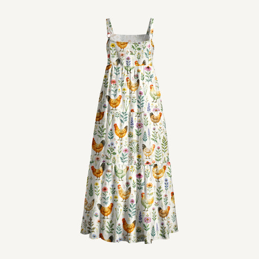 Watercolor Chickens Leaves Print Wide Straps Maxi Dress With Pockets