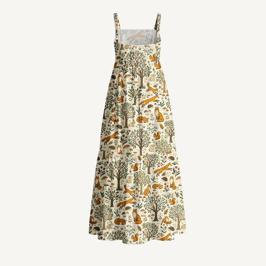 Woodland Creatures Print Cotton Wide Straps Maxi Dress With Pockets