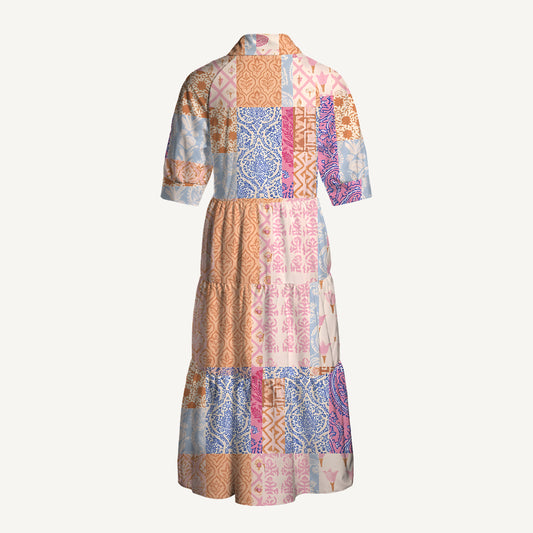 V Neck Collared Retro Bohemian Quilt Print Quilt Print Casual Midi Dress With Pockets