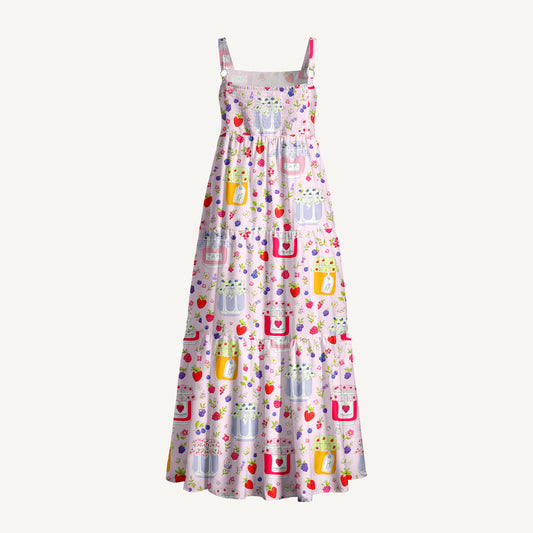Strawberry Jam Print Wide Straps Maxi Dress With Pockets
