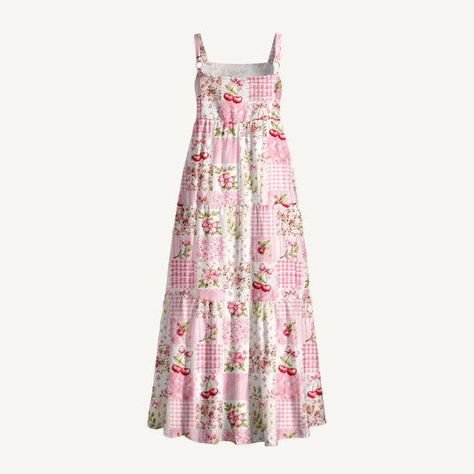 Strawberry Bow Garden Patchwork Print Wide Straps Maxi Dress With Pockets