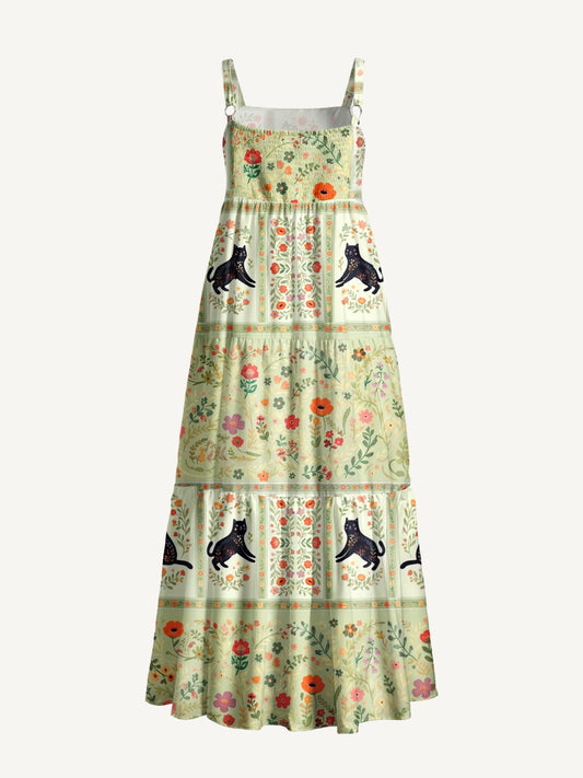 Cream Garden Black Cat Print Wide Straps Maxi Dress With Pockets