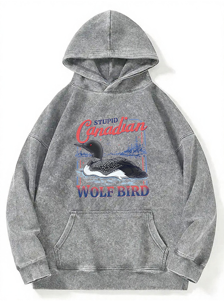 Vintage Stupid Canadian Wolf Bird Washed Hoodie