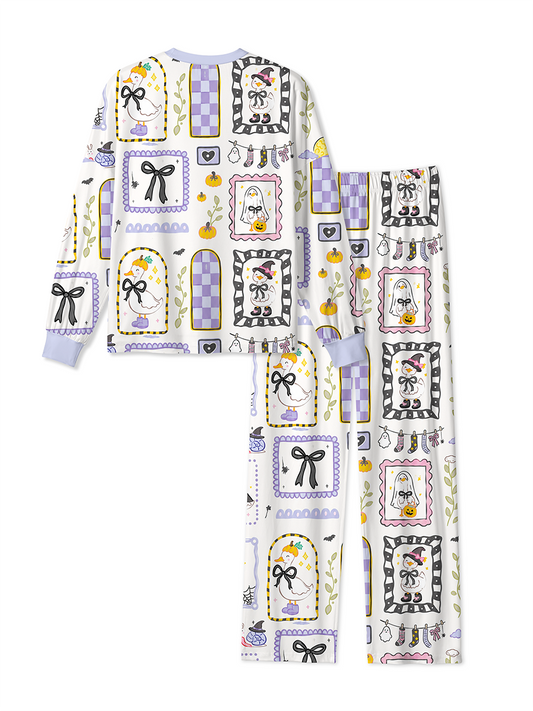 Vintage Sticker Frame Duck Halloween Patchwork Mixed Pajamas