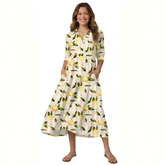 V Neck Collared Lemon Grove Sunshine Print Casual Midi Dress With Pockets