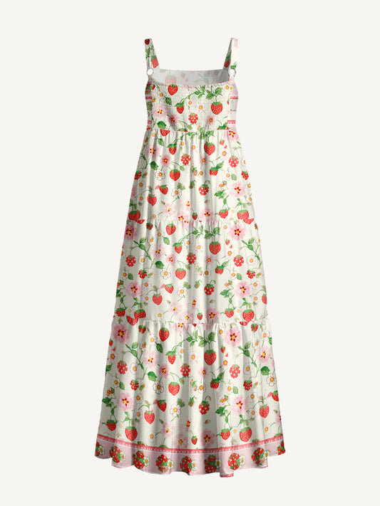 Strawberry Meadow Print Wide Straps Maxi Dress With Pockets
