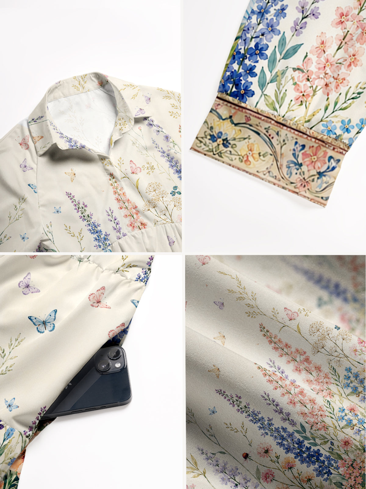 V Neck Collared Morning Wildflower Path Print Casual Midi Dress With Pockets