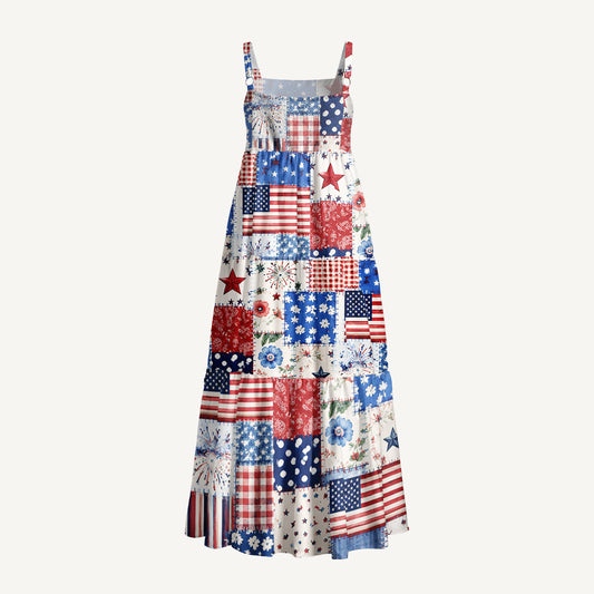 Rustic Americana Patchwork Print Wide Straps Maxi Dress With Pockets