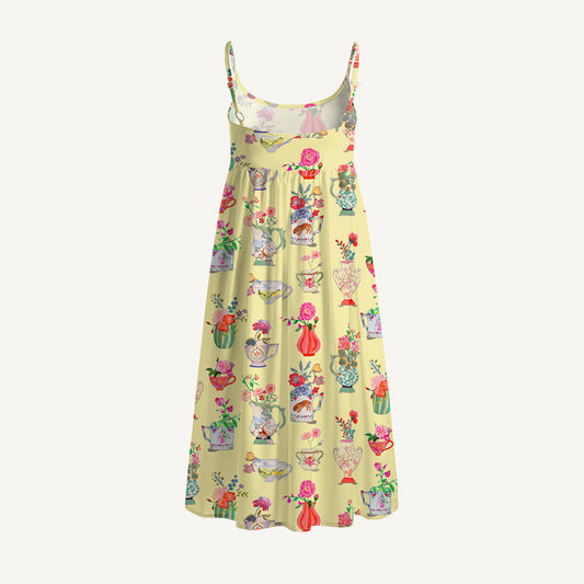 Colorful Flower Vase Print Spaghetti Strap Mini Dress