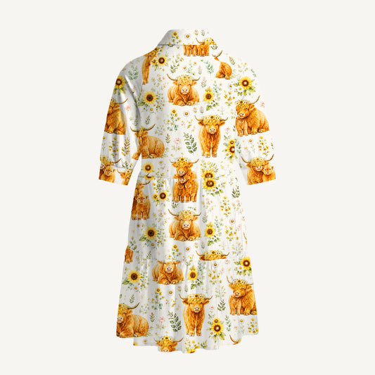 V Neck Collared Spring Highland Cow Mini Dress For Women With Pockets