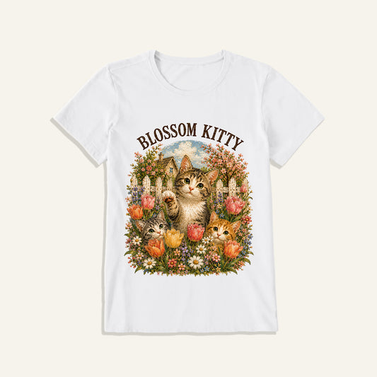 Blossom Kitty Cottage Print Crew Neck Cotton Tee