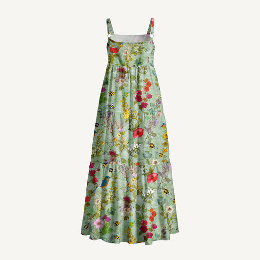 Hummingbirds and Bees Print Wide Straps Maxi Dress With Pockets