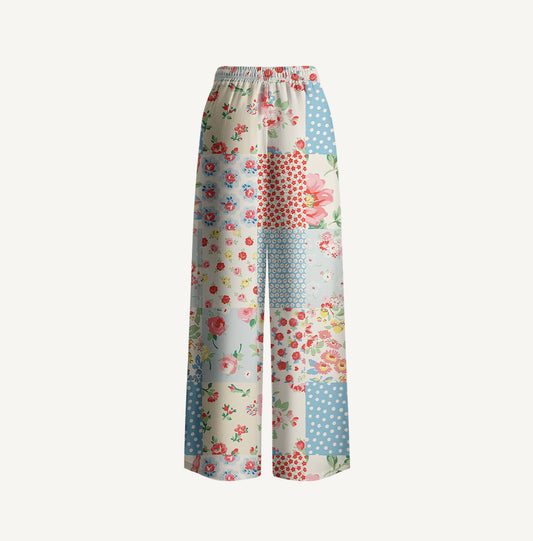 Pastel Patc Print Wide Leg Tie Waist Pants With Pockets