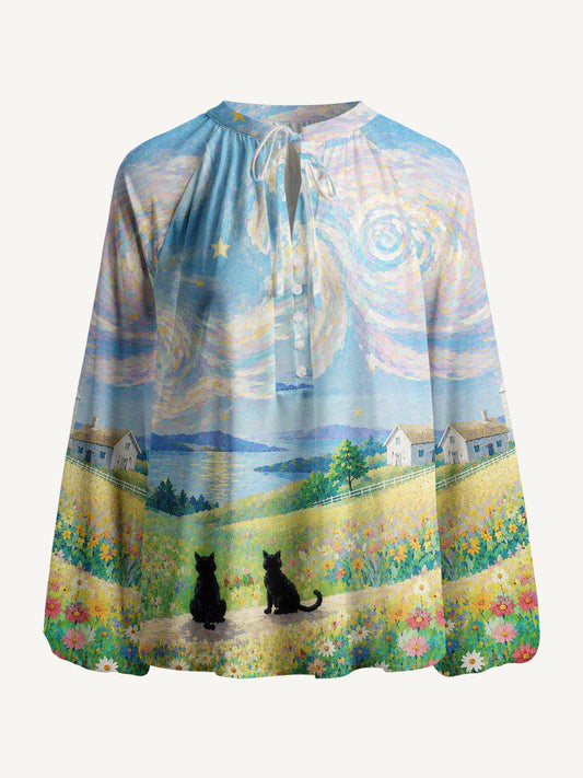 Starry Village Cat Print Boho Long Sleeve Tie‑Neck Blouse