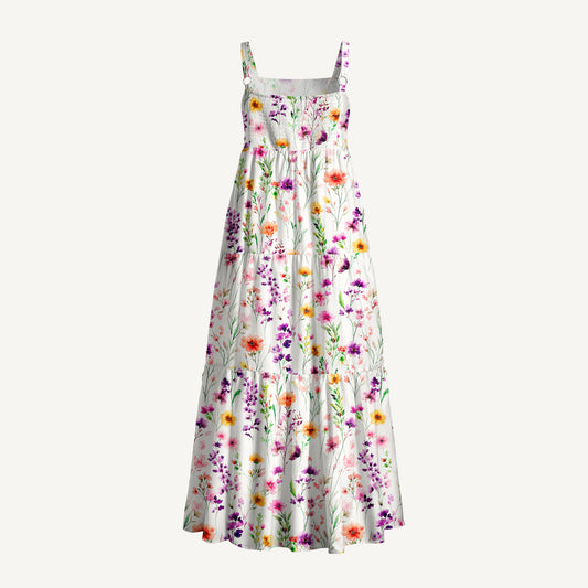 Watercolor Wildflower Print Wide Straps Maxi Dress With Pockets