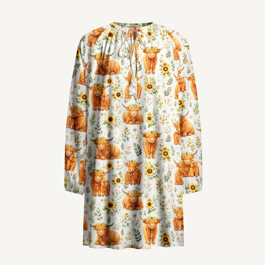 Spring Highland Cow Floral Print Boho Tie‑Neck Smock Mini Dress