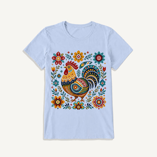 Folk Art Rooster Embroidery Print Crew Neck Cotton Tee