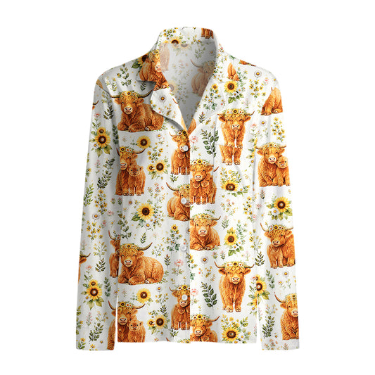 Spring Highland Cow Floral Print Long Pajama Set