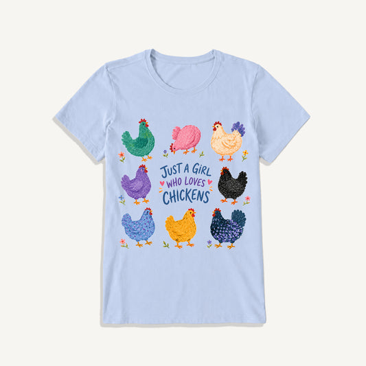Colorful Chicken Garden Print Crew Neck Cotton Tee