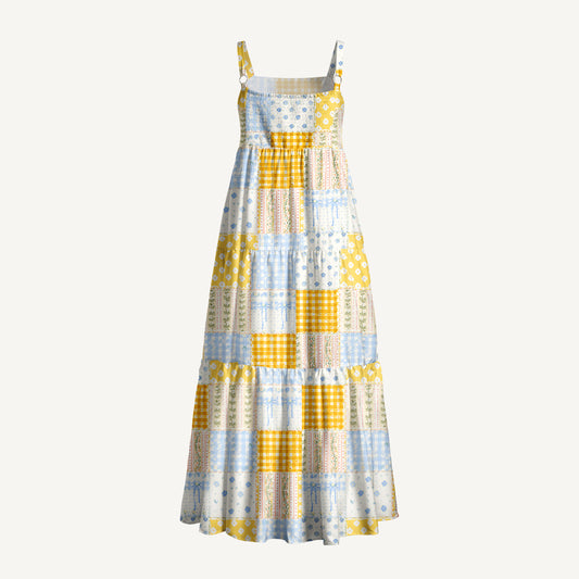 Pastel Floral Patchwork Quilt Pattern Print Wide Straps Maxi Dress With Pockets