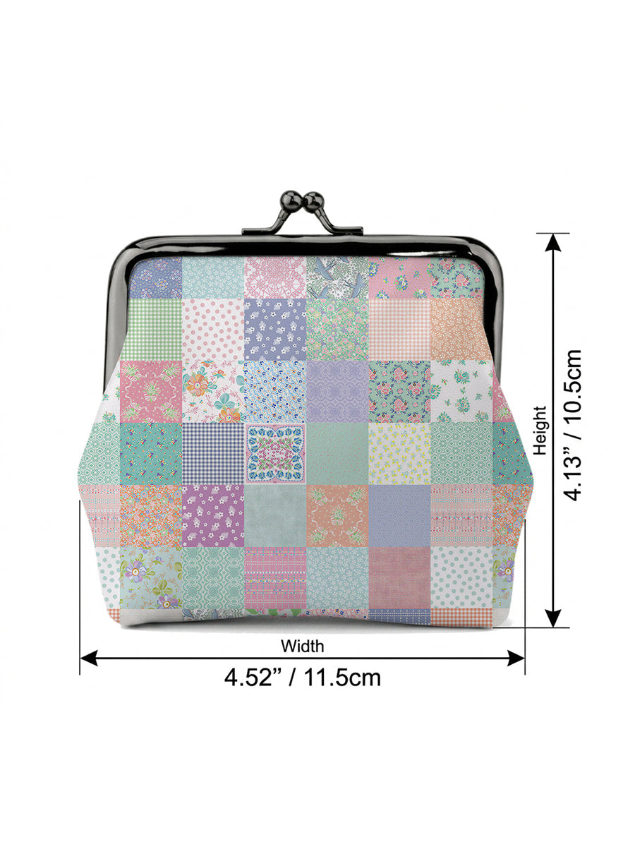 Vintage Quilt Patchwork Print Leather Mini Clasp Purse